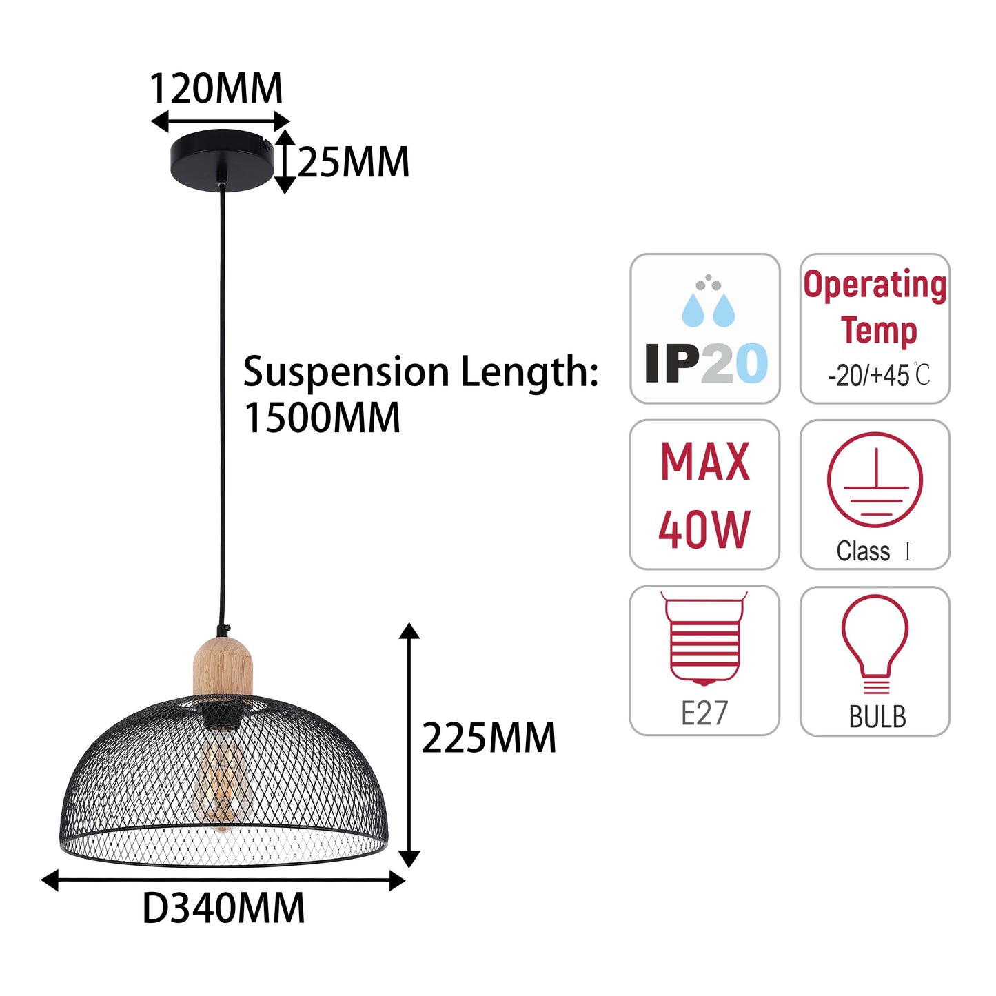 Industrial Black Wire Mesh Dome Pendant Light with Wood Accent, E27