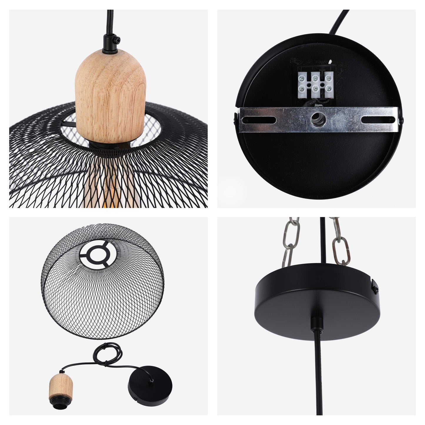 Industrial Black Wire Mesh Dome Pendant Light with Wood Accent, E27