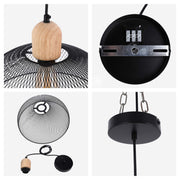 Industrial Black Wire Mesh Dome Pendant Light with Wood Accent, E27