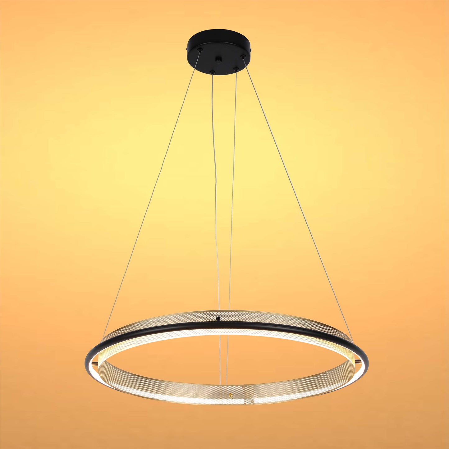 Modern Black & Gold LED Ring Chandelier, 3000K (Single & Double Halo)