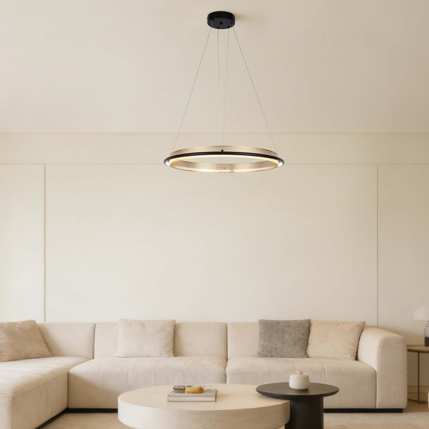 Modern Black & Gold LED Ring Chandelier, 3000K (Single & Double Halo)