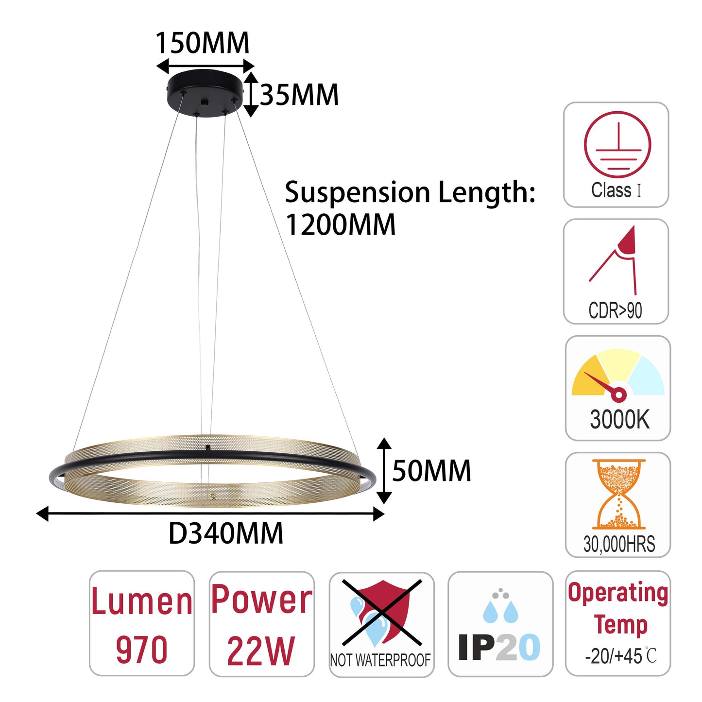 Modern Black & Gold LED Ring Chandelier, 3000K (Single & Double Halo)