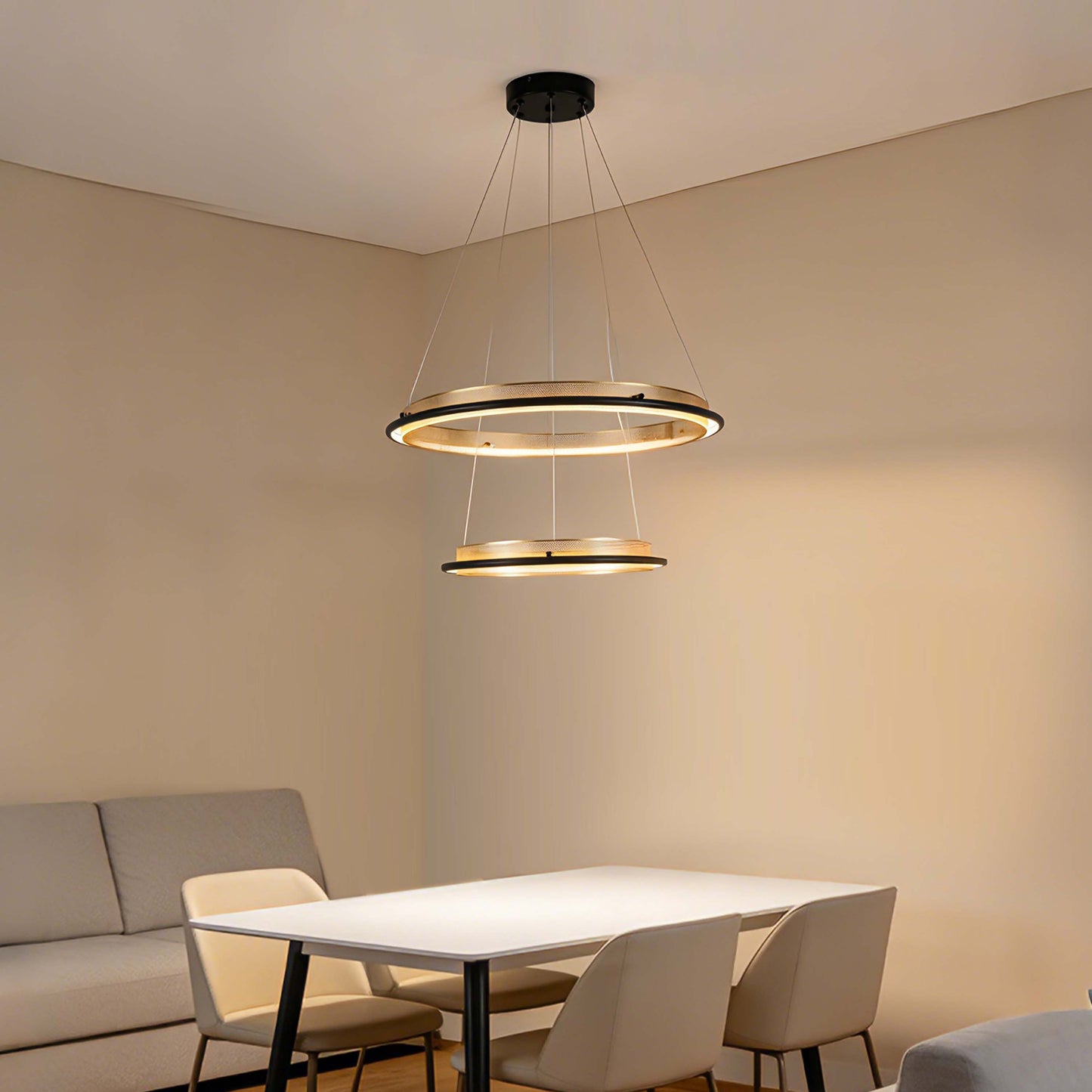 Modern Black & Gold LED Ring Chandelier, 3000K (Single & Double Halo)