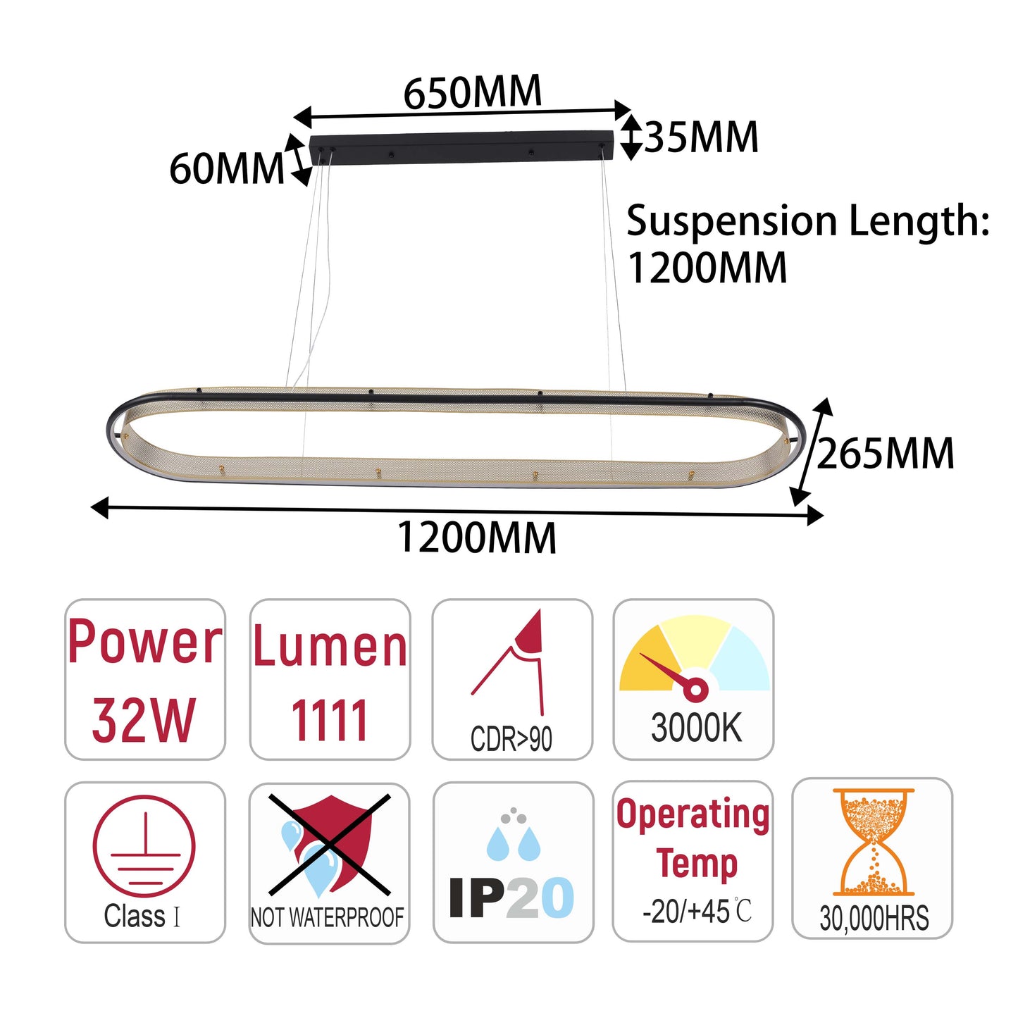 Modern Black & Gold Linear LED Island Pendant, 120cm 3000K