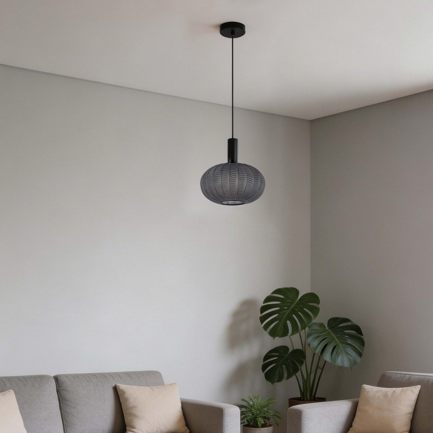 Modern Smoked Grey Textured Glass Pendant Light, E27 Dimmable