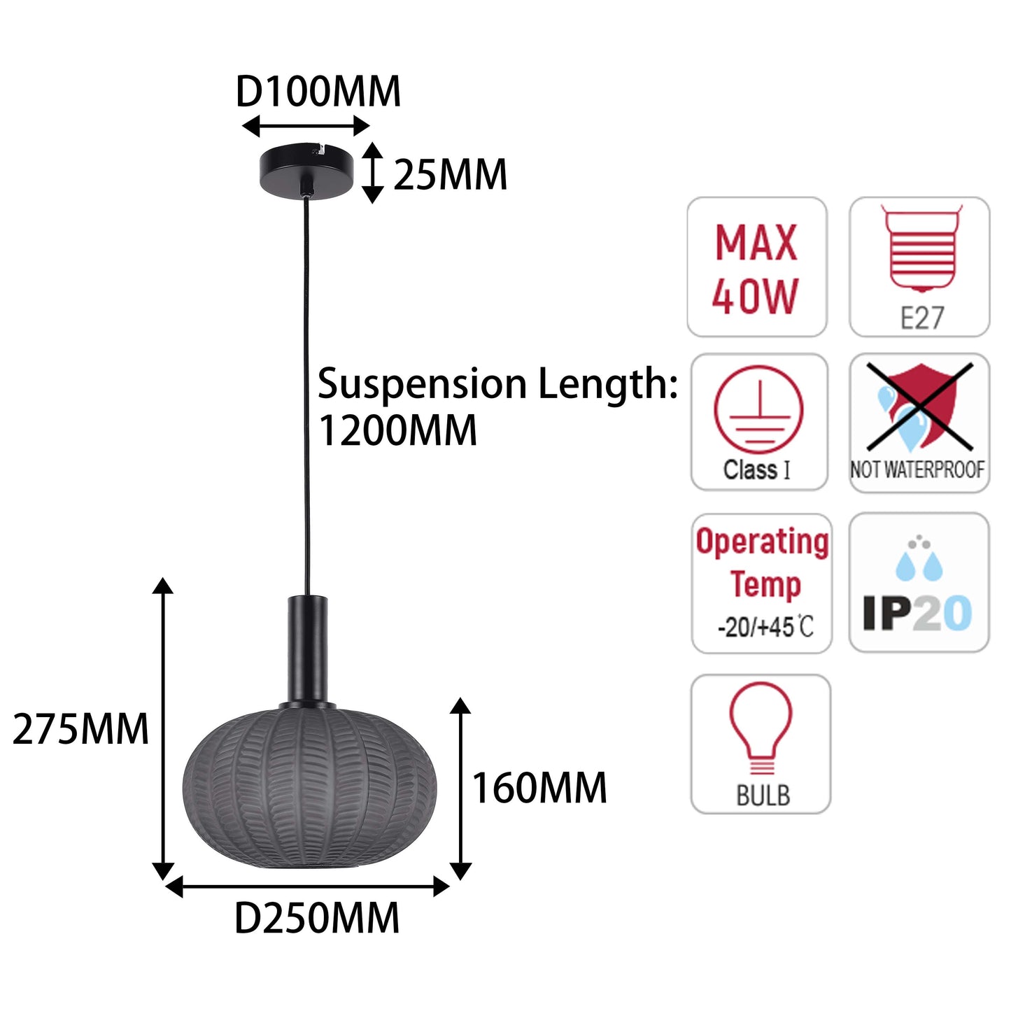 Modern Smoked Grey Textured Glass Pendant Light, E27 Dimmable