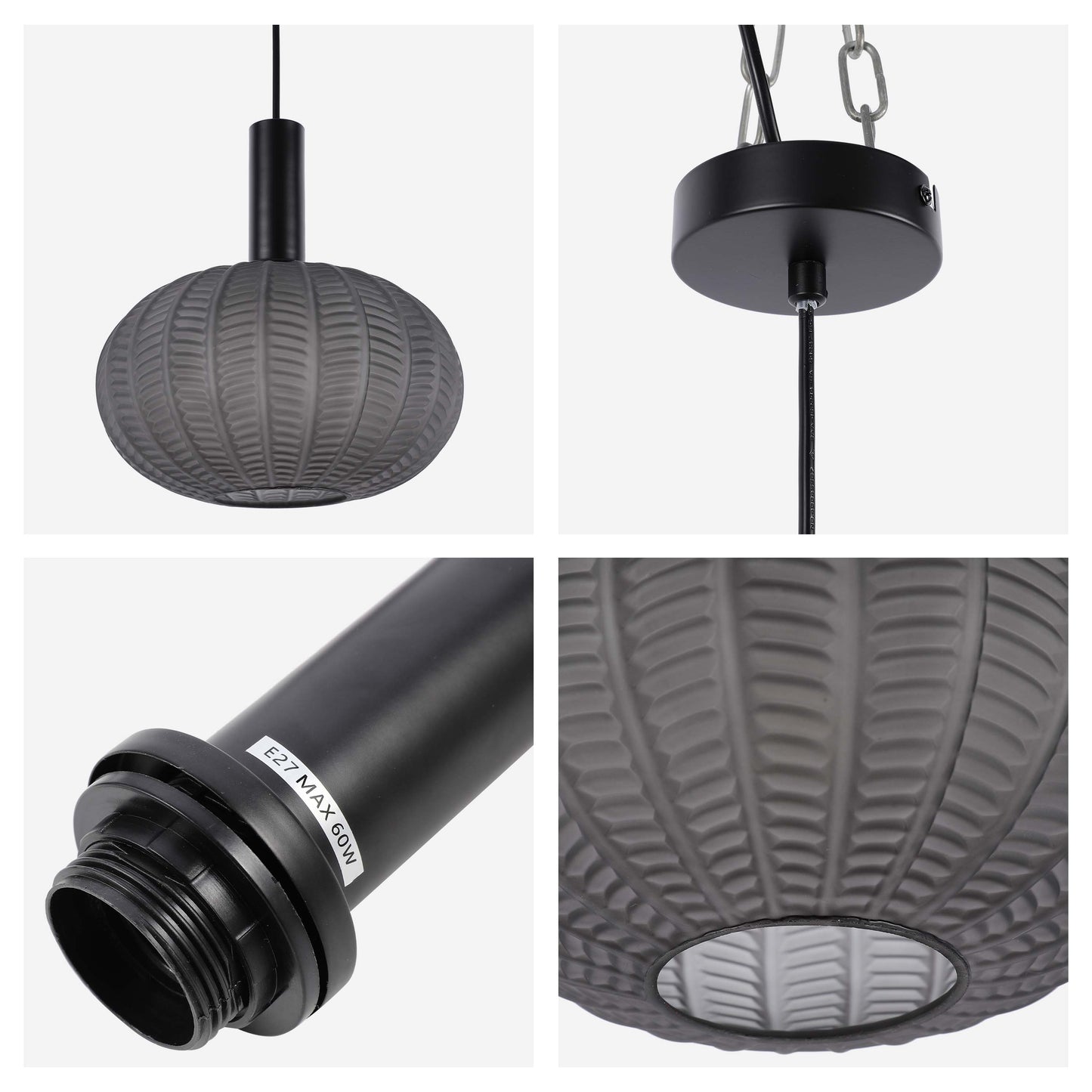 Modern Smoked Grey Textured Glass Pendant Light, E27 Dimmable