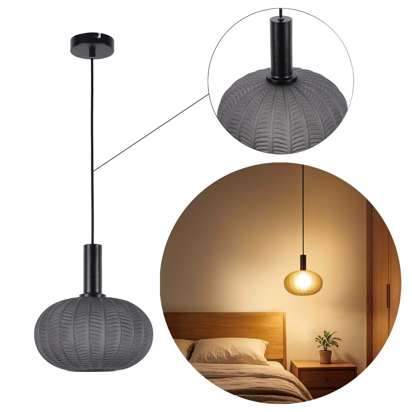 Modern Smoked Grey Textured Glass Pendant Light, E27 Dimmable