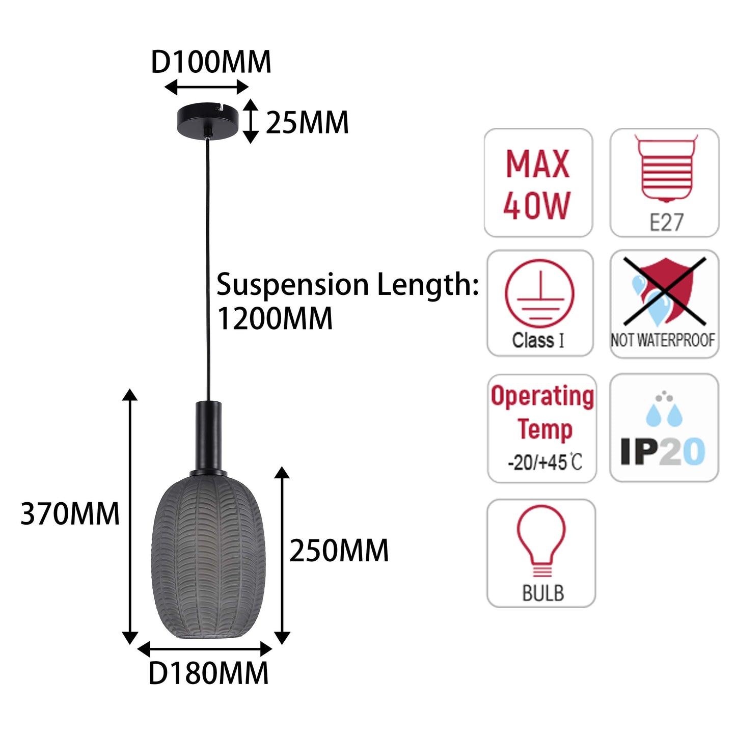 Modern Smoked Grey Textured Glass Pendant Light, E27 Dimmable