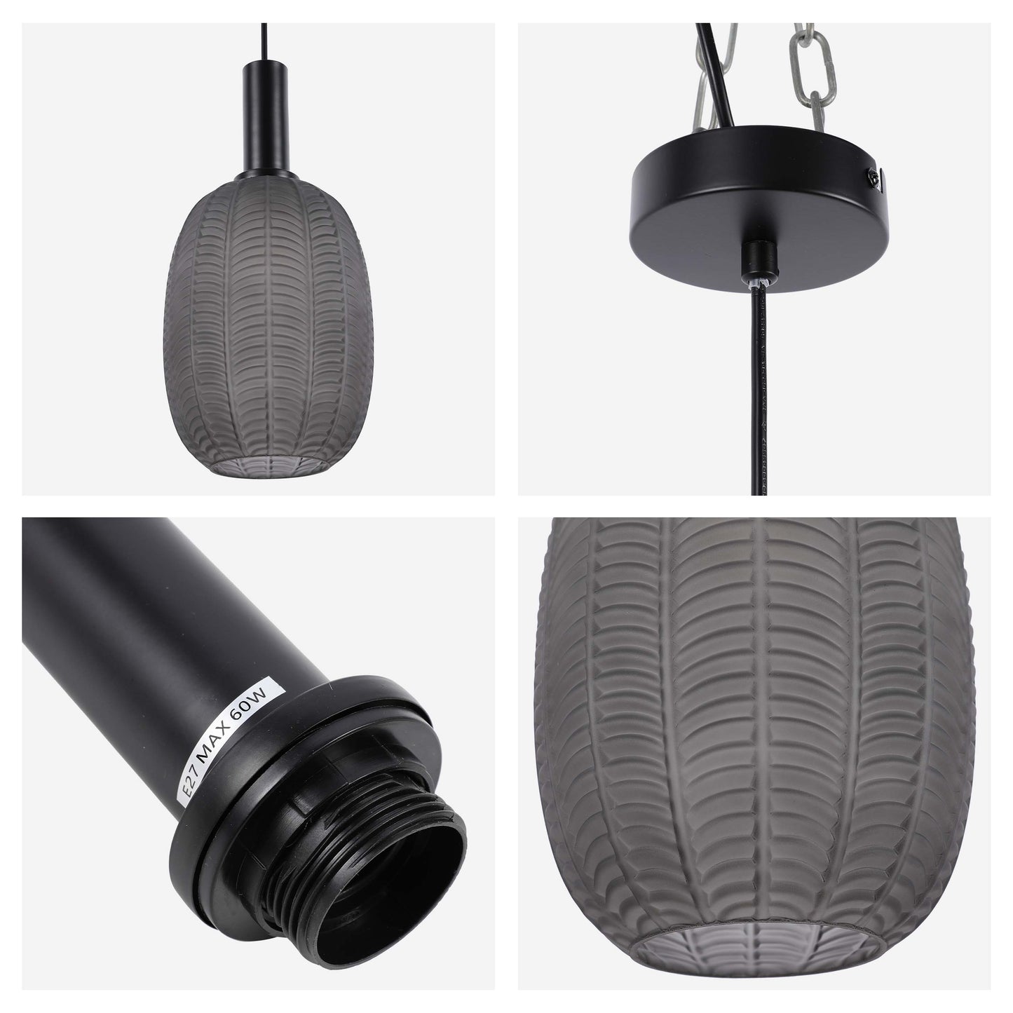 Modern Smoked Grey Textured Glass Pendant Light, E27 Dimmable
