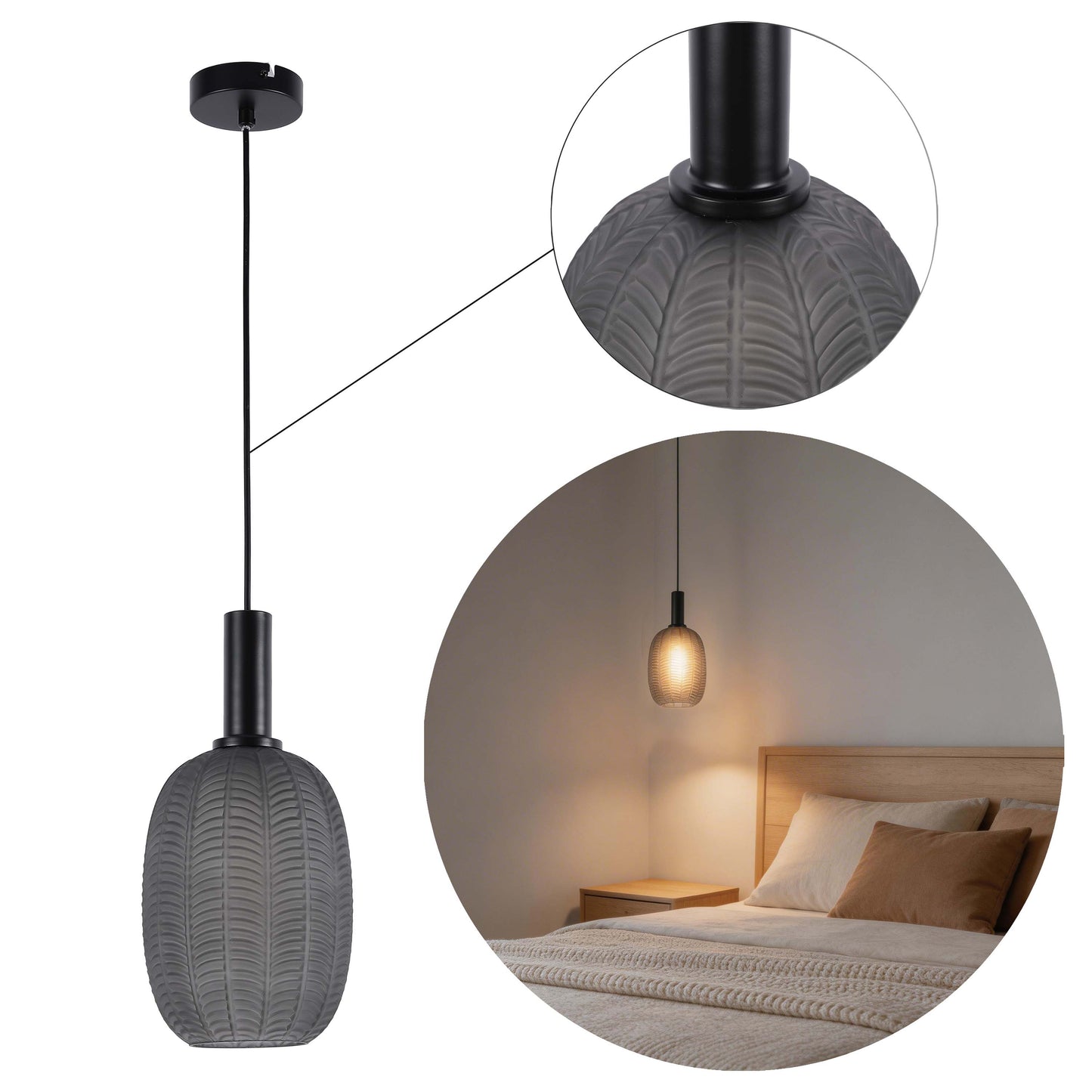 Modern Smoked Grey Textured Glass Pendant Light, E27 Dimmable