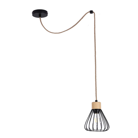 Industrial Wire Cage Pendant Light with Hemp Rope, E27 Dimmable