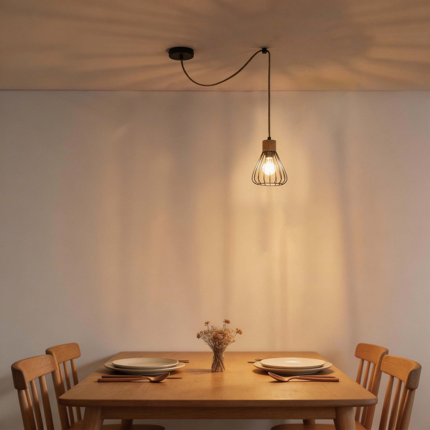 Industrial Wire Cage Pendant Light with Hemp Rope, E27 Dimmable