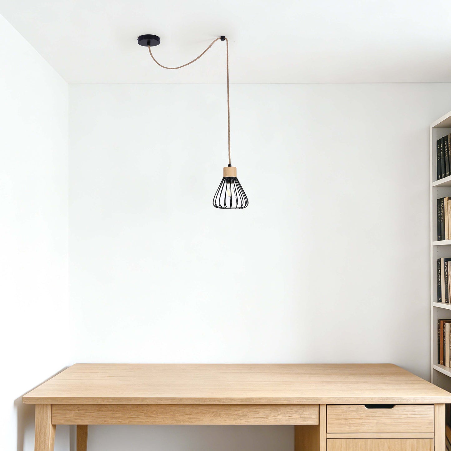 Industrial Wire Cage Pendant Light with Hemp Rope, E27 Dimmable