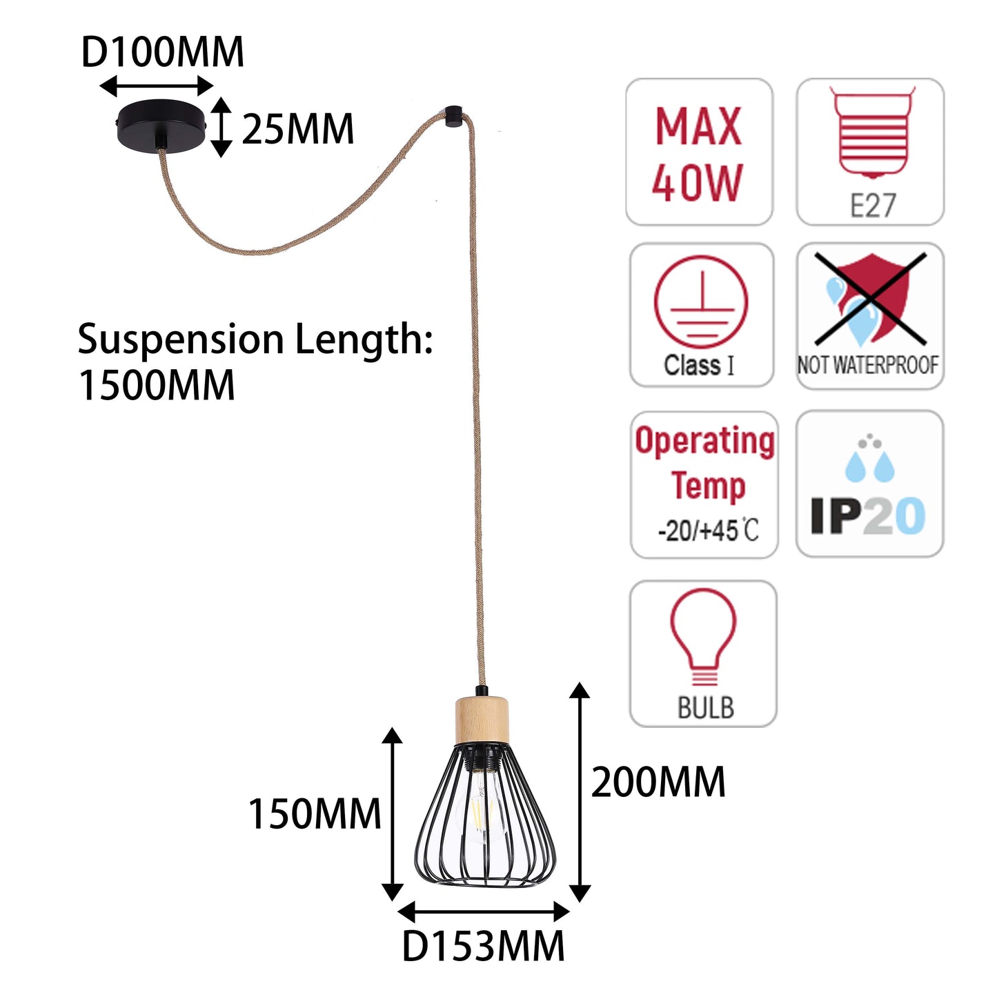 Industrial Wire Cage Pendant Light with Hemp Rope, E27 Dimmable