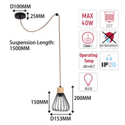 Industrial Wire Cage Pendant Light with Hemp Rope, E27 Dimmable