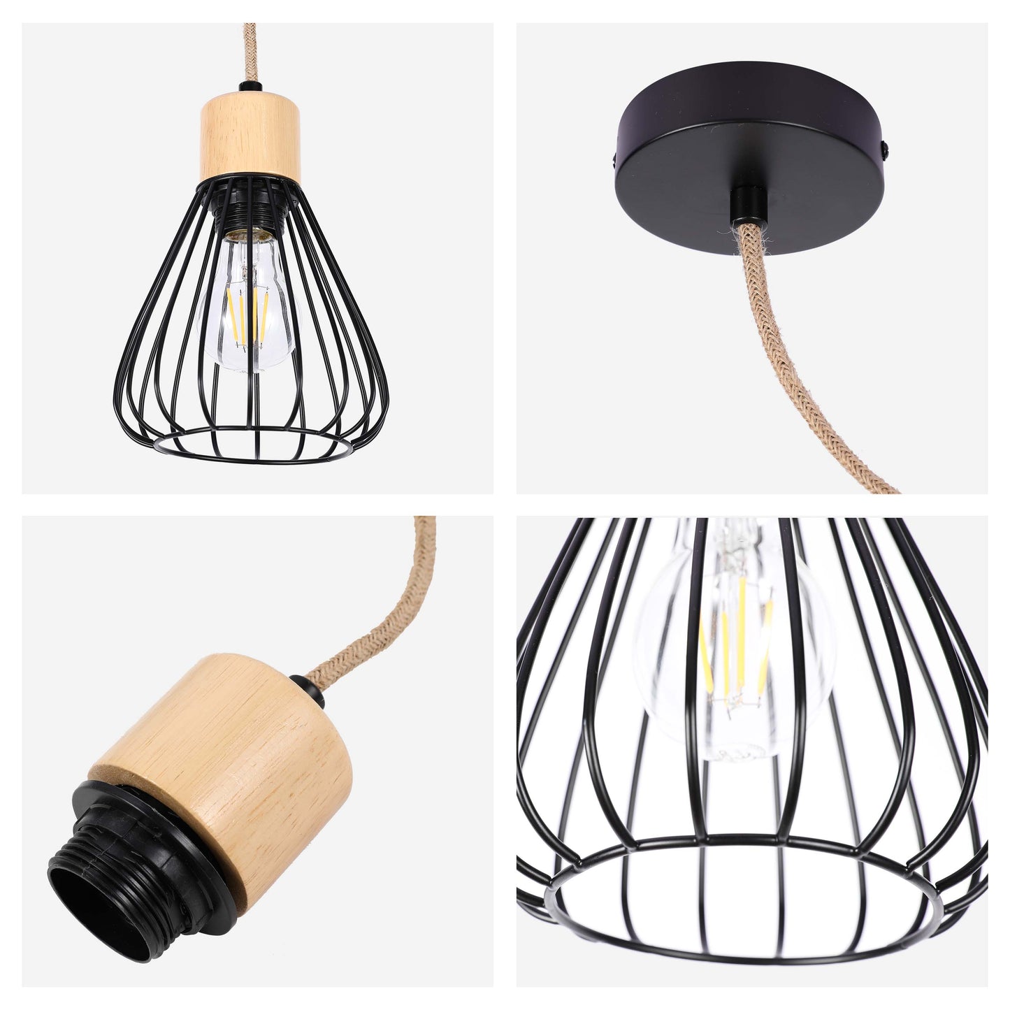 Industrial Wire Cage Pendant Light with Hemp Rope, E27 Dimmable