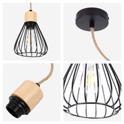 Industrial Wire Cage Pendant Light with Hemp Rope, E27 Dimmable