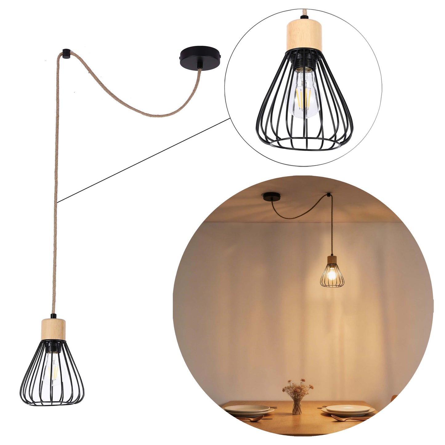 Industrial Wire Cage Pendant Light with Hemp Rope, E27 Dimmable