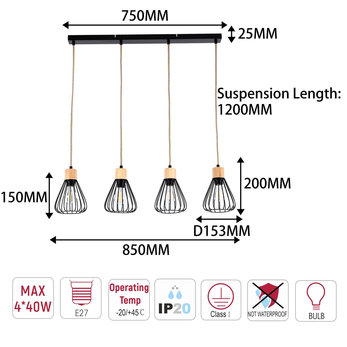 Industrial Wire Cage Pendant Light with Hemp Rope, E27 Dimmable