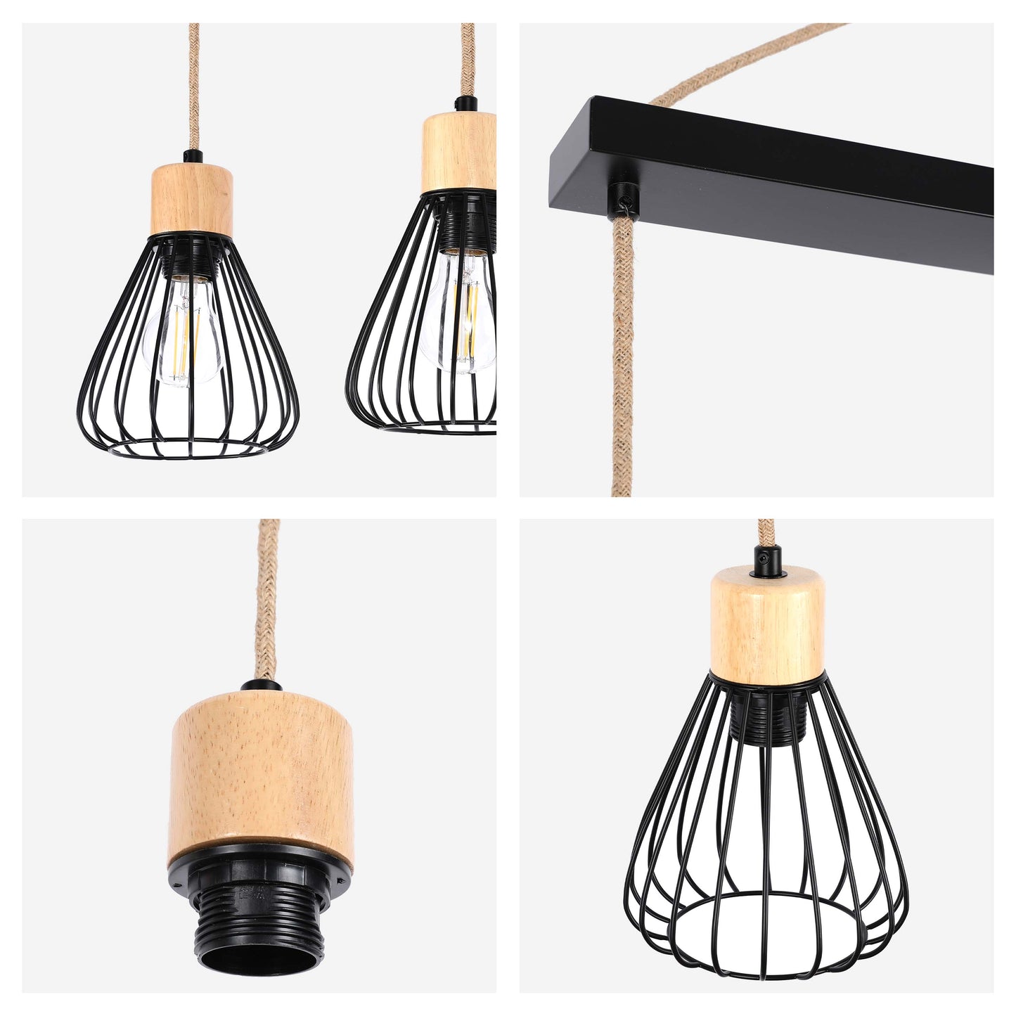 Industrial Wire Cage Pendant Light with Hemp Rope, E27 Dimmable