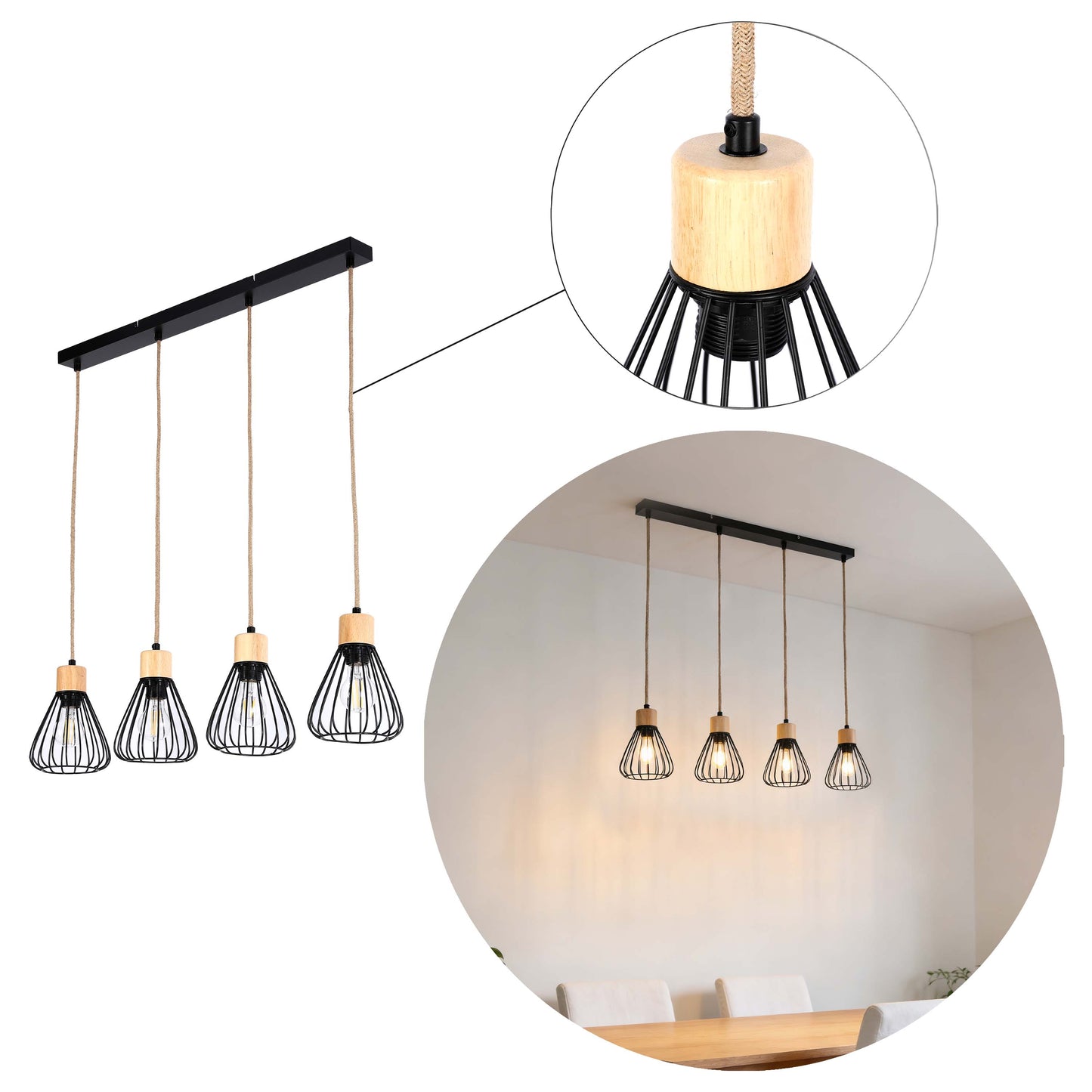 Industrial Wire Cage Pendant Light with Hemp Rope, E27 Dimmable