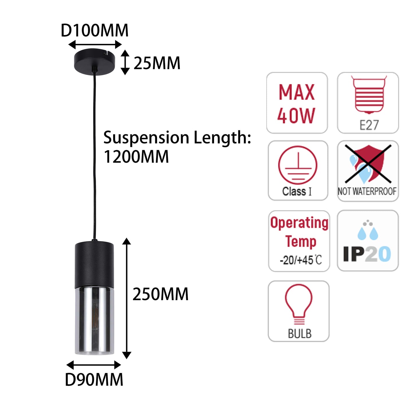 Modern Cylinder Smoky Glass Pendant Light, 1 & 4-Light E27