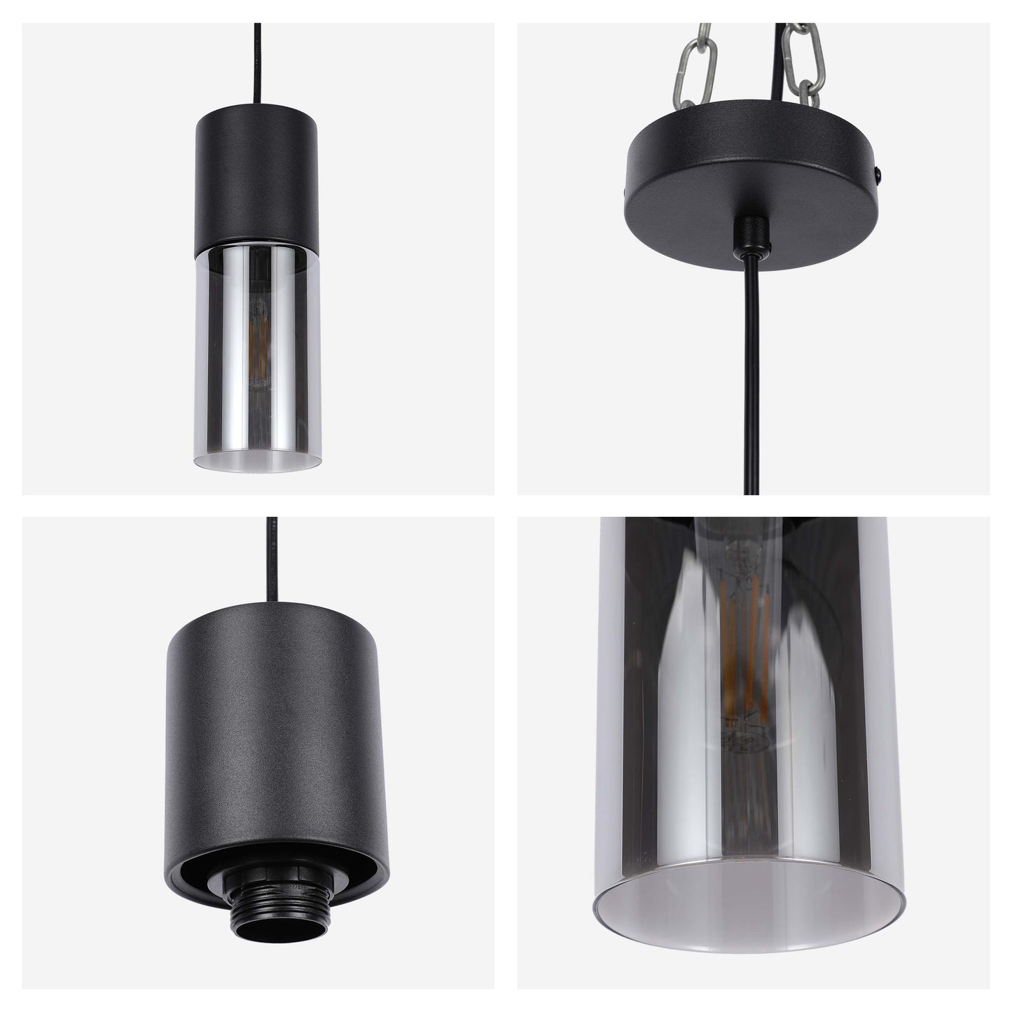 Modern Cylinder Smoky Glass Pendant Light, 1 & 4-Light E27