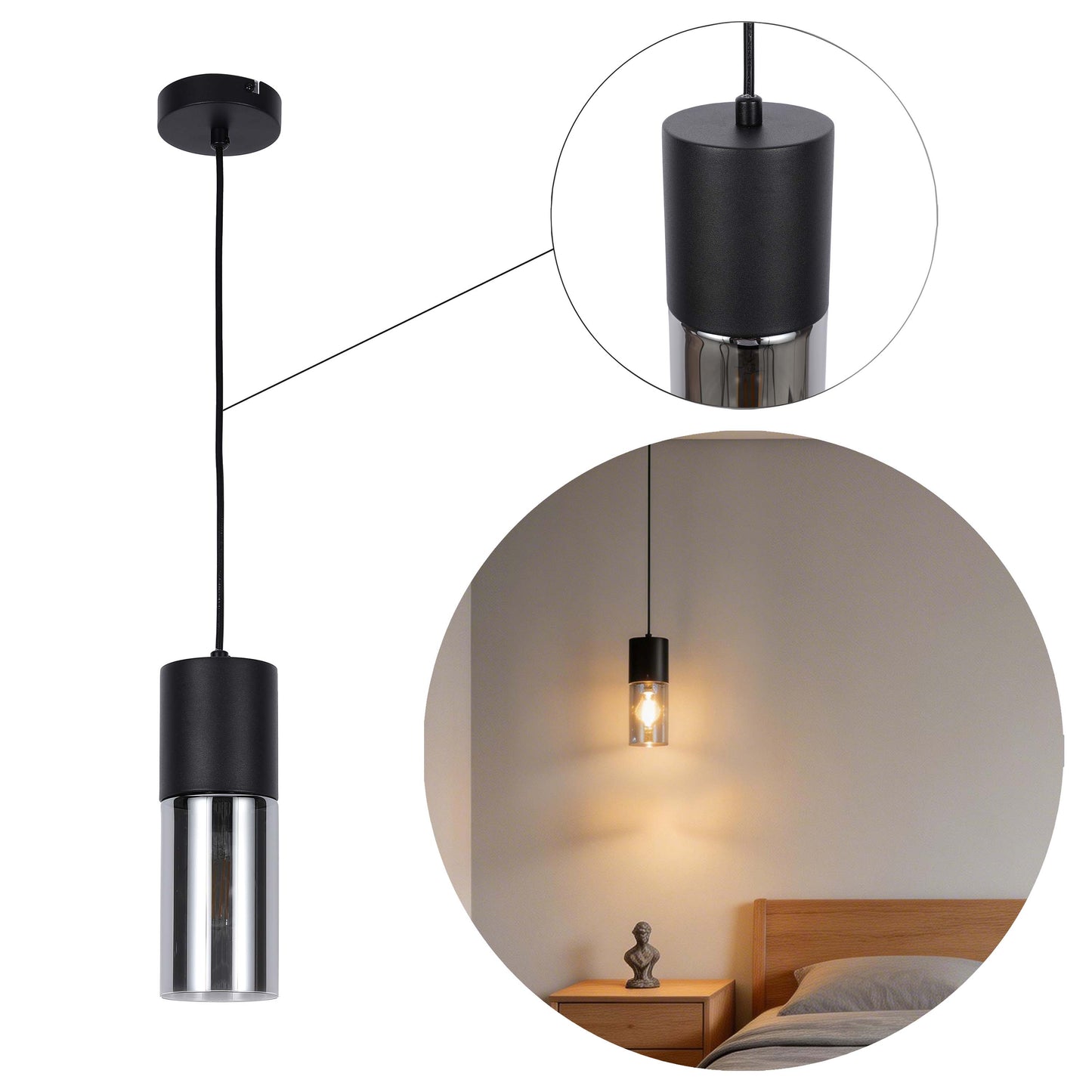 Modern Cylinder Smoky Glass Pendant Light, 1 & 4-Light E27