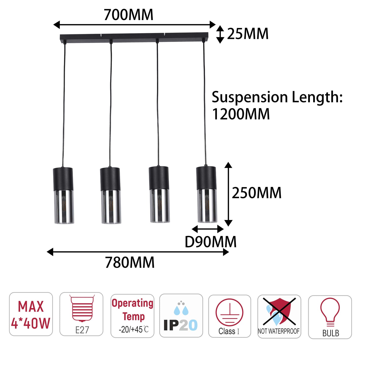 Modern Cylinder Smoky Glass Pendant Light, 1 & 4-Light E27