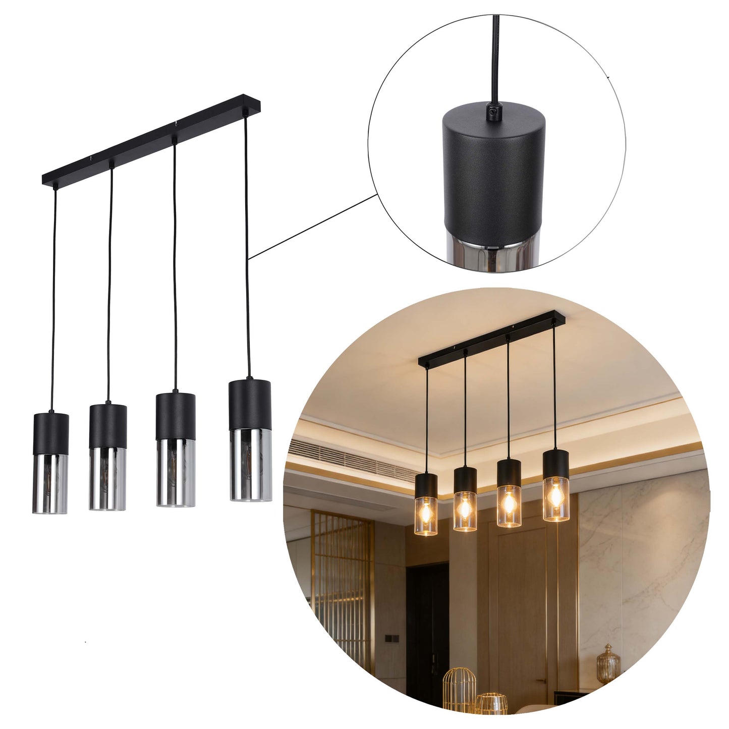 Modern Cylinder Smoky Glass Pendant Light, 1 & 4-Light E27