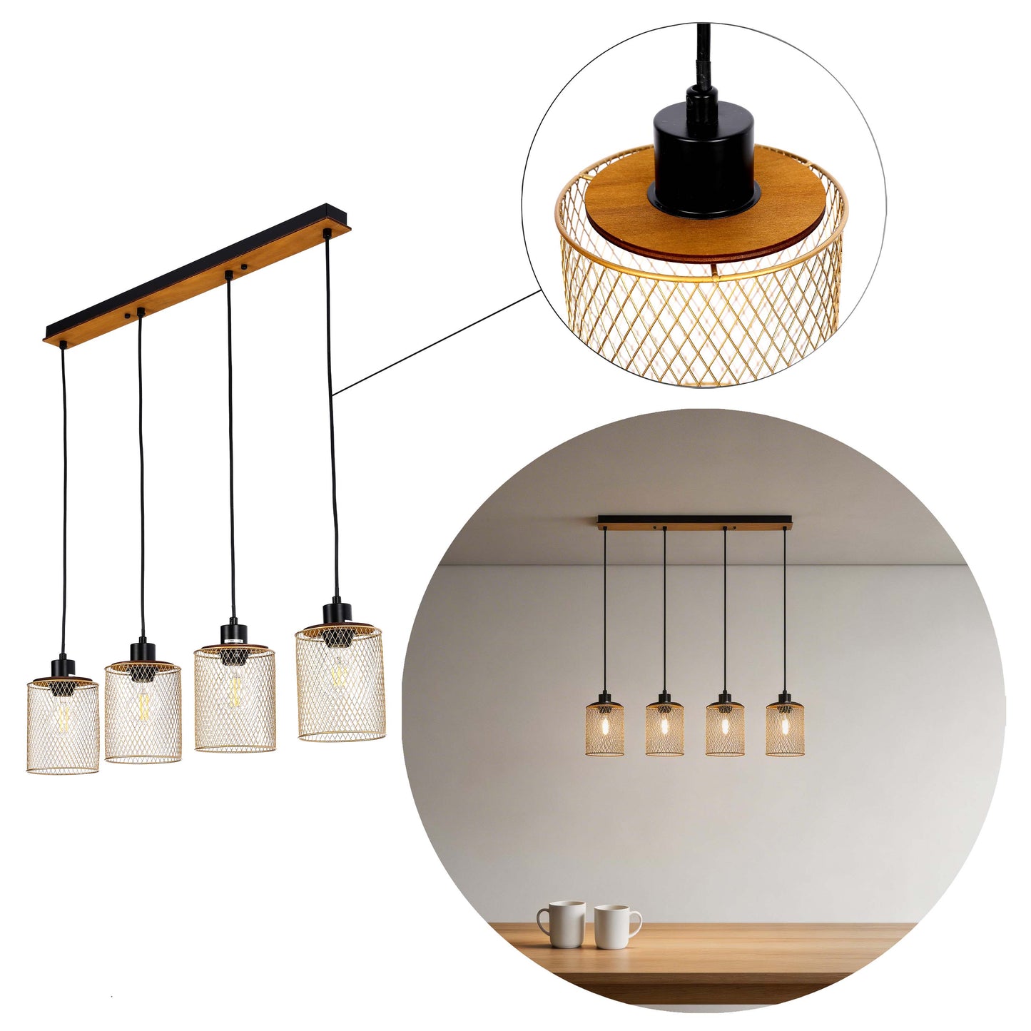 Industrial Mesh Cylinder Pendant Light, 1 & 4-Light E27 Dimmable