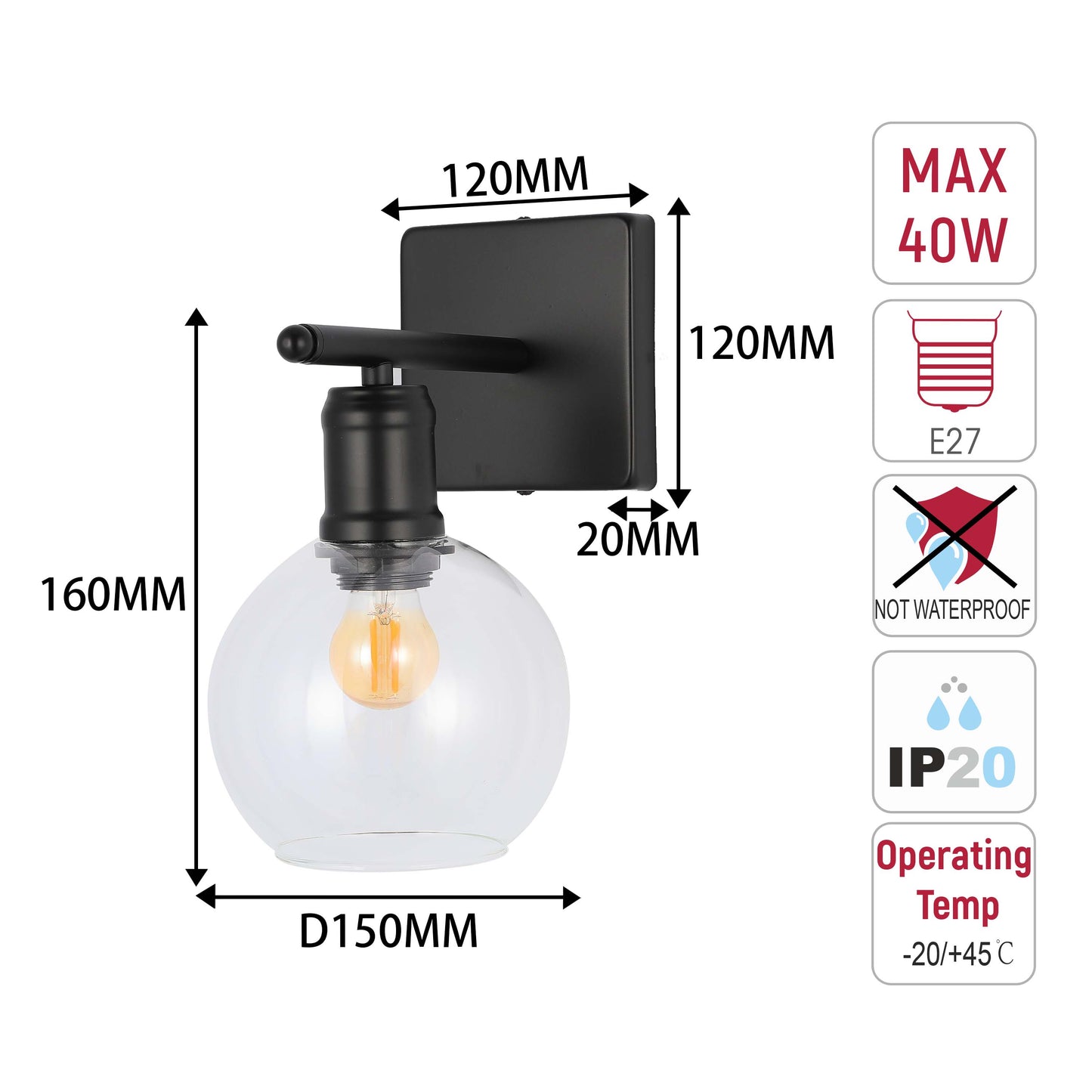 Modern Black & Clear Glass Globe Wall Light, 1-Light E27