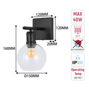 Modern Black & Clear Glass Globe Wall Light, 1-Light E27