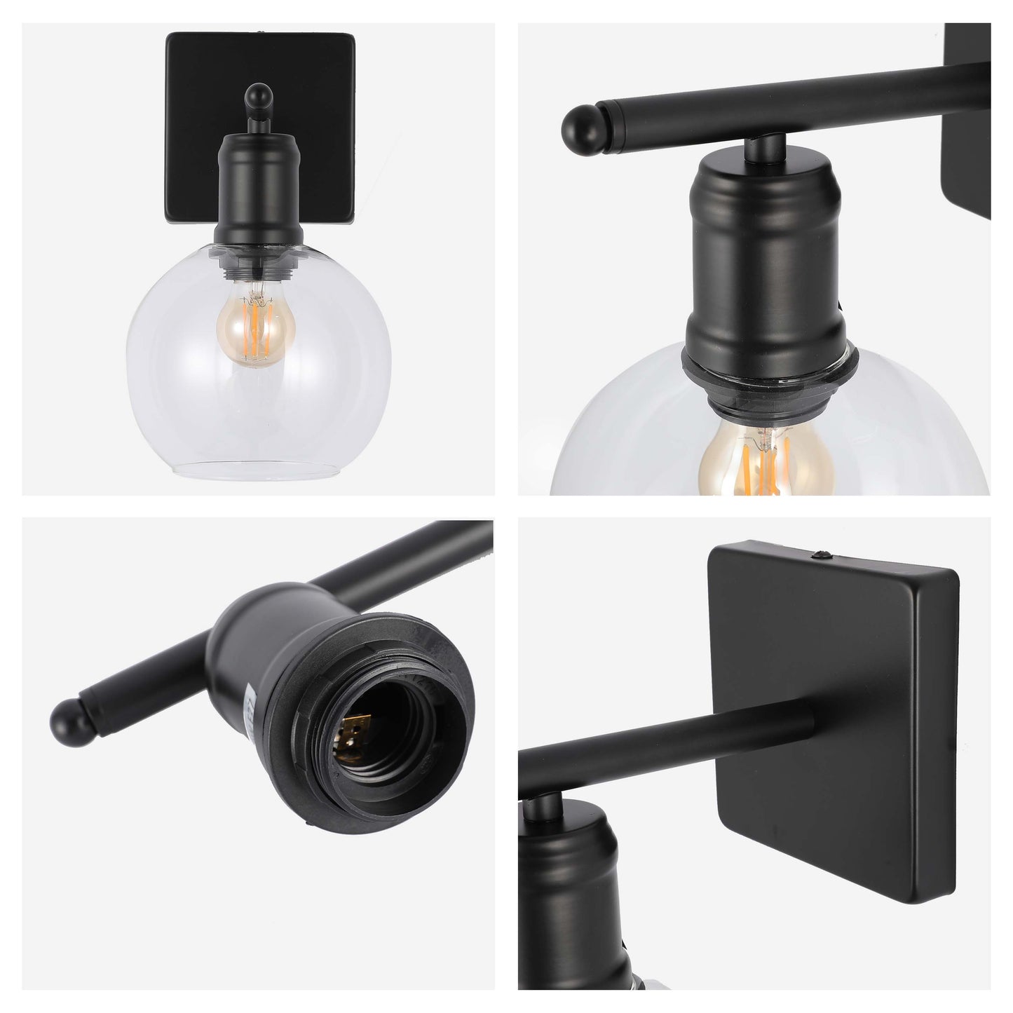 Modern Black & Clear Glass Globe Wall Light, 1-Light E27