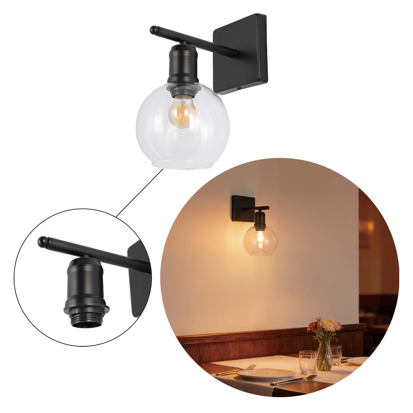 Modern Black & Clear Glass Globe Wall Light, 1-Light E27