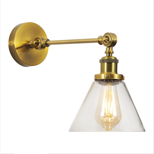 Gold Aluminium Bronze Hinged Body Clear Glass Funnel Wall Light