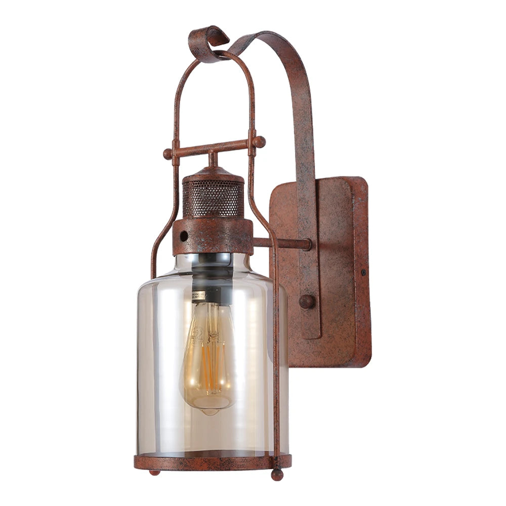 Antique Industrial Rustic Wall Lantern Light Clear Amber Glass Shade and Weathered Metal Frame