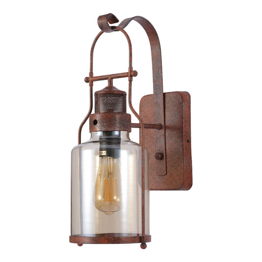 Antique Industrial Rustic Wall Lantern Light Clear Amber Glass Shade and Weathered Metal Frame