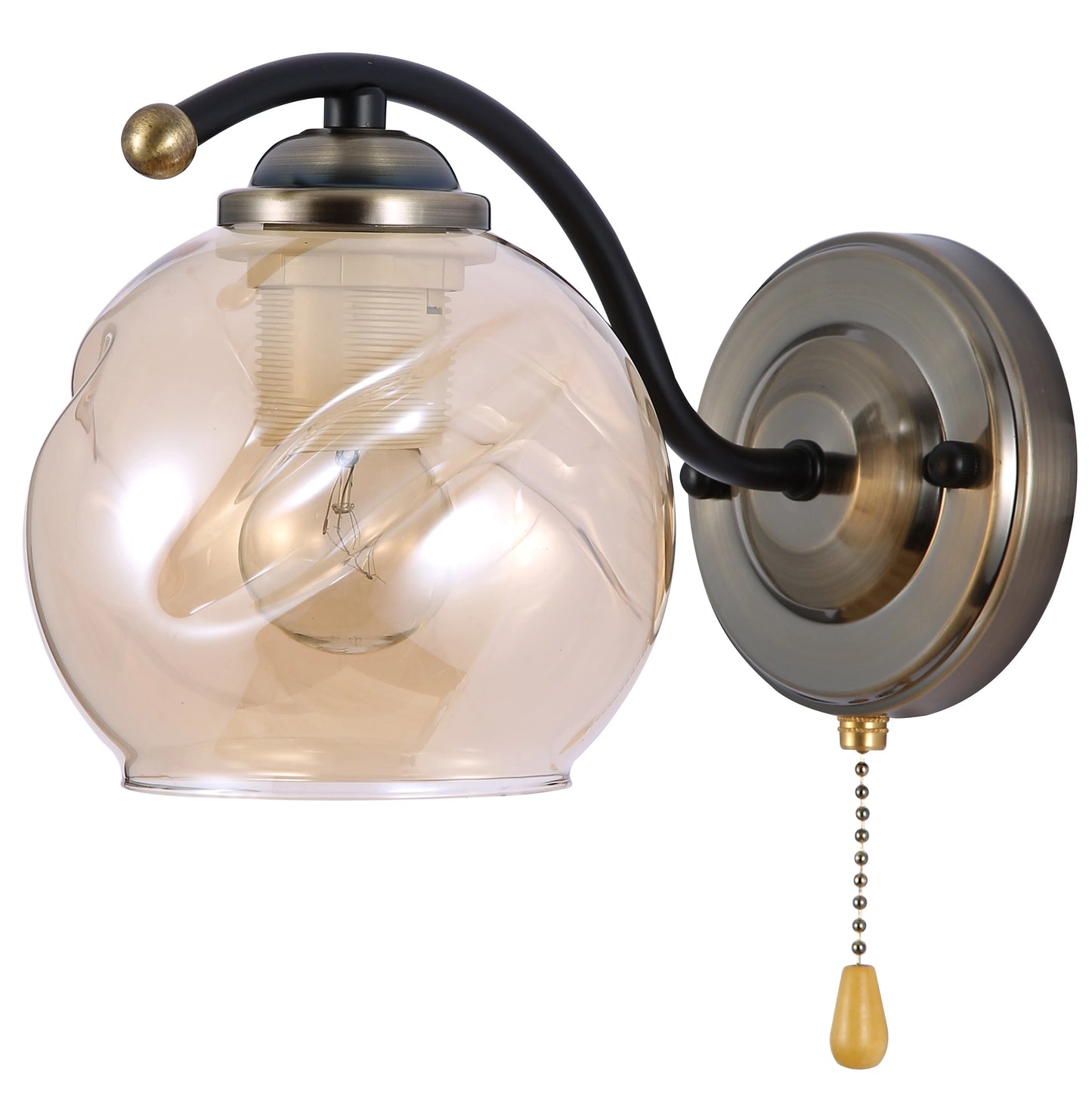 Amber Glass Black and Antique Brass Wall Light E27 Fitting and Pull Down Switch