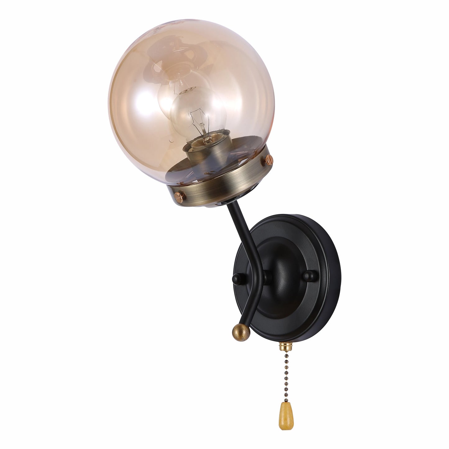 Amber Glass Antique Brass and Black Globe Wall Light E27 Fitting and Pull Down Switch