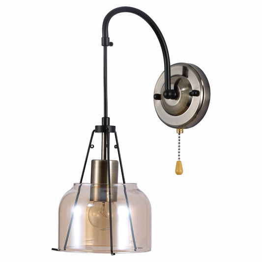 Industrial Dome Wall Light with Pull Switch and Amber Glass Shade