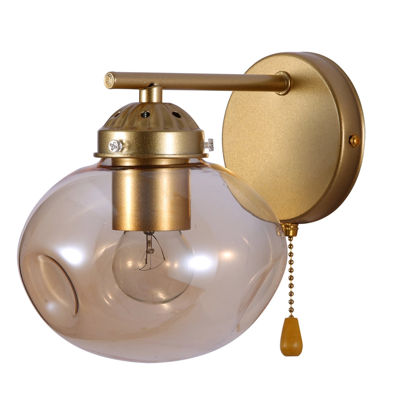 Amber Globe Glass Gold Metal Vintage Retro Wall Light with Pull Down Switch E27 Fitting