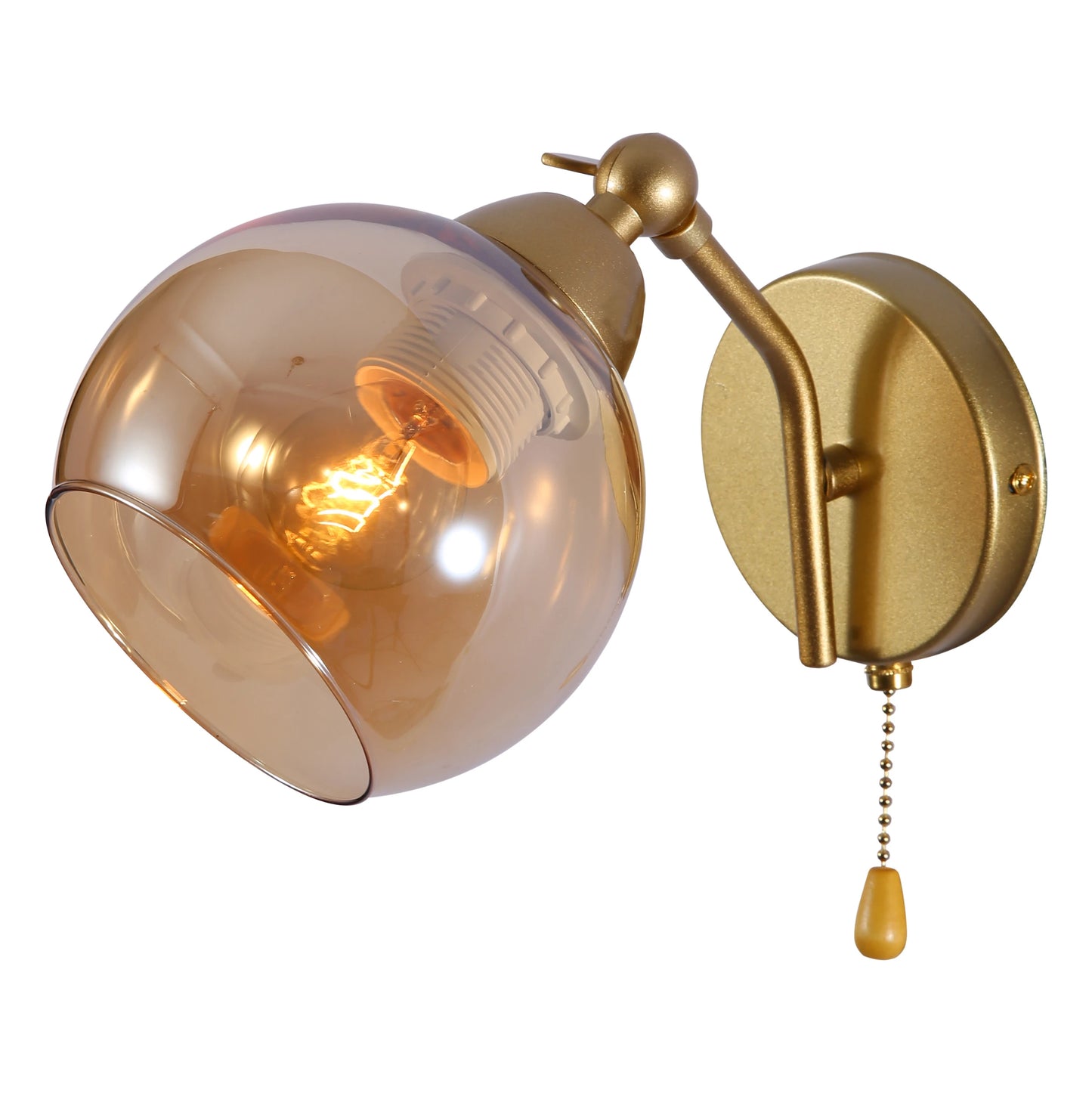 Gold Hinged Metal Amber Dome Glass Wall Light E27 Pull Down Switch