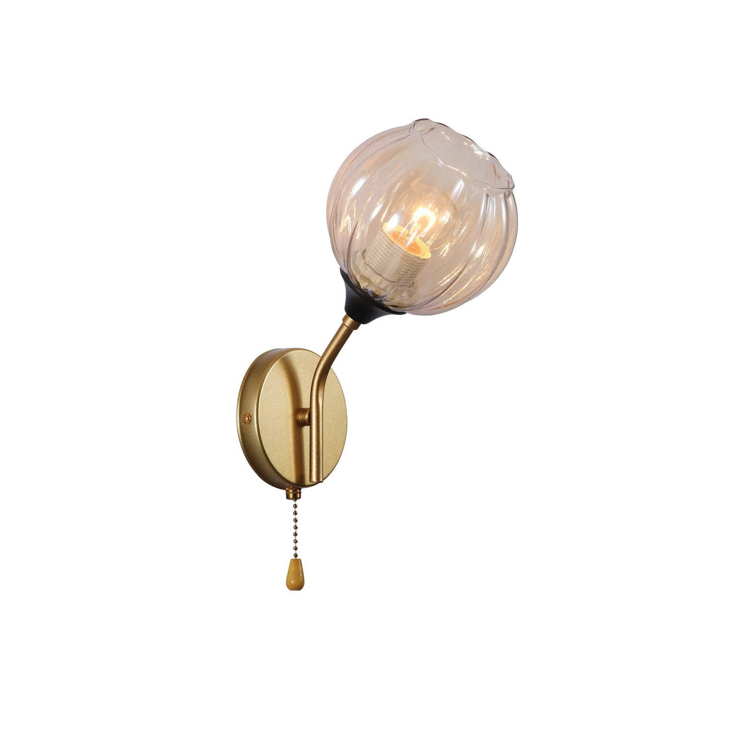 Amber Reeded Globe Glass Gold Metal Vintage Retro Wall Light with Pull Down Switch E27 Fitting