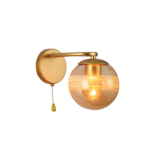 Amber Globe Glass Gold Ellipse Metal Body Modern Wall Light with Pull Down Switch E27 Fitting