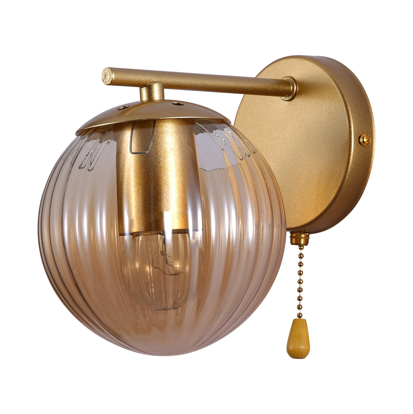 Amber Reeded Globe Gold Wall Light E27 Pull Down Switch