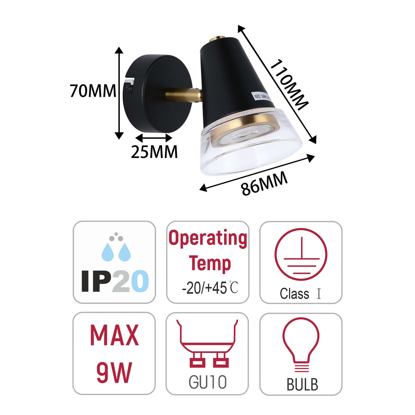 Modern Black & Brass Wall Sconce, 1-Light GU10 Dimmable