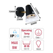Modern Black & Brass Wall Sconce, 1-Light GU10 Dimmable