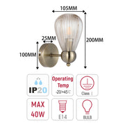 Vintage Antique Brass Wall Sconce with Clear Glass Shade, E14 Dimmable
